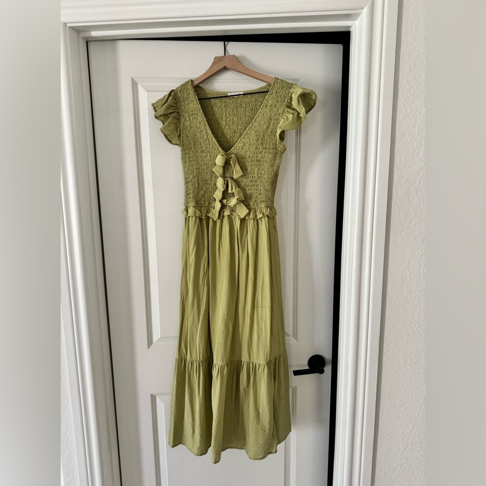 Elegant Olive Green Smocked Dress